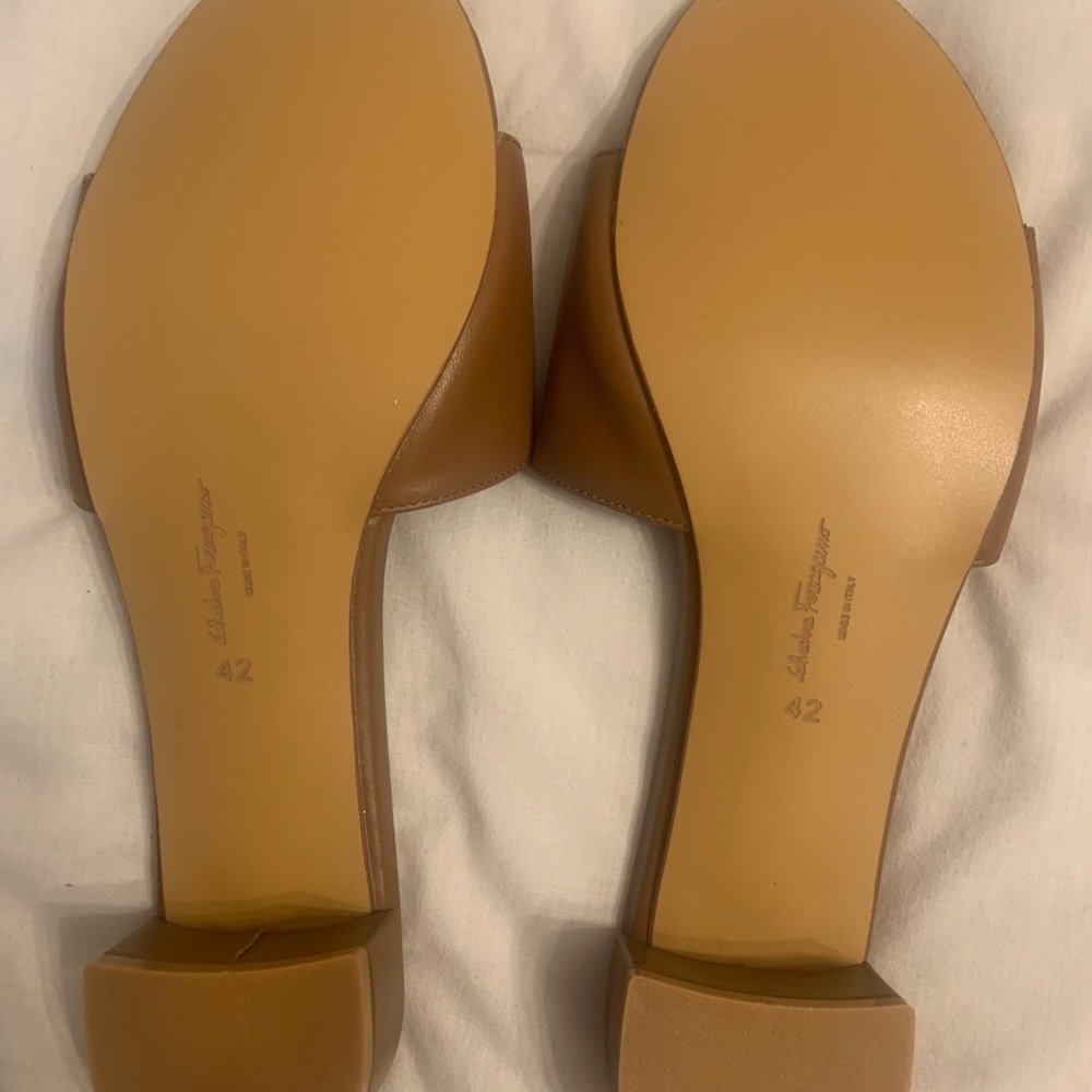 Salvatore Ferragamo Tan Leather Crystal Buckle Slide Mules - Picture 2 of 8